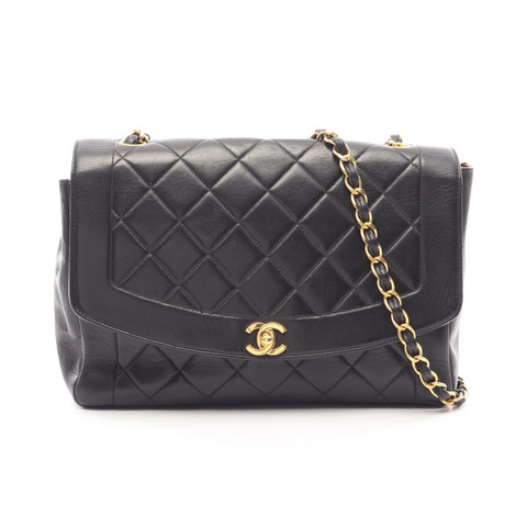 香奈兒 (CHANEL) 絎縫 Diana 翻蓋鏈條單肩背包，羊皮材質，黑色，二手，金色五金