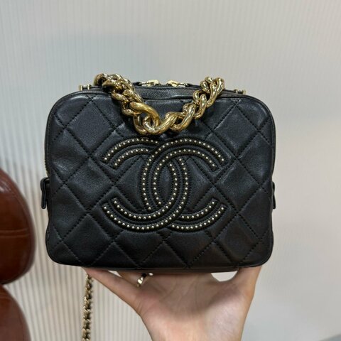 CHANEL 香奈兒 高級手工坊系列 小號方胖子相機鏈條包手提包斜挎包 黑金羊皮