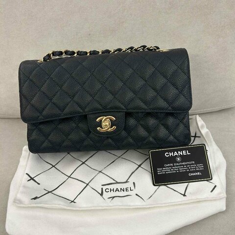二手 9.9 近全新 CHANEL CF25 黑金釦荔枝皮 30開  肩背包