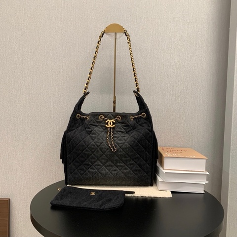 Chanel香奈兒25S 25bag 中號黑金牛仔hobo鏈條單肩包斜挎包 芯片款
