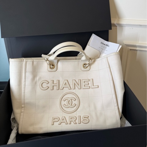 CHANEL香奈兒23c白色芯片款帆布拼皮 手提單肩沙灘包
