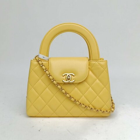 Chanel香奈兒 Kelly鏈條手柄手提包黃色羊皮革晶片金扣晶片肩背包