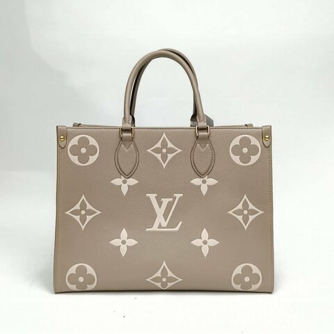 LV Onthego中號大象灰牛皮革晶片老花壓紋肩背包