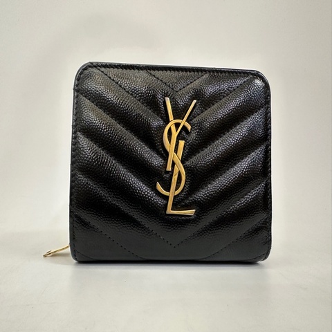 YSL 黑荔枝牛皮金釦ㄇ拉零錢袋6卡對開短夾
