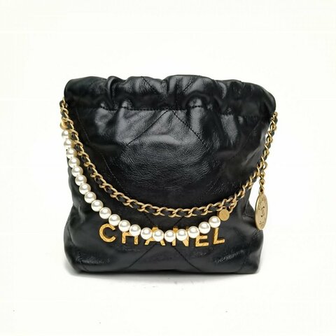Chanel香奈兒 22BagTote托特包Mini黑色牛皮革晶片金扣珍珠肩背包