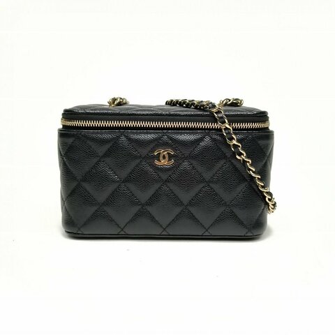Chanel香奈兒 長盒子化妝包黑色牛皮革金扣單皮穿鏈肩背包