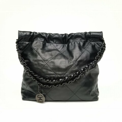 Chanel香奈兒 22BagTote托特包小號黑色牛皮晶片黑扣肩背包