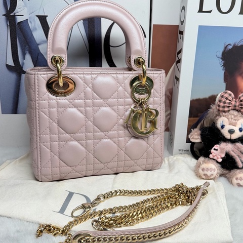 迪奧/Dior  珠光粉金扣羊皮三格戴妃手提單肩包 19年編碼 尺寸：17 x 15 x 7 釐米