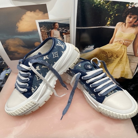 路易威登 Louis Vuitton squad 白藍丹寧牛仔滿印厚底運動鞋 36.5碼