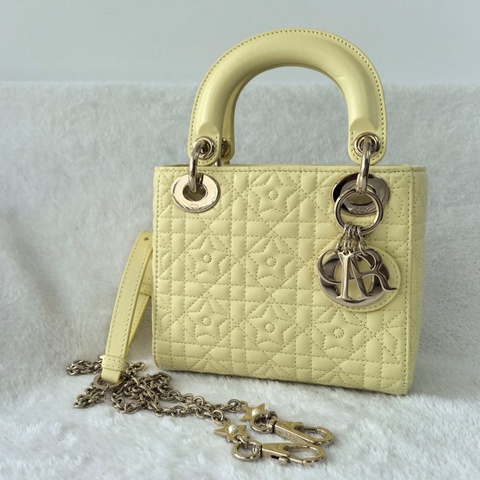 Dior 迪奧 戴妃三格 黃色羊皮星星壓紋 手提包斜背包
