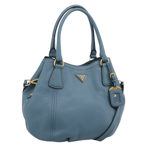 PRADA 手提包 皮革 兩用 淺藍色 金色色調 正品 202074V