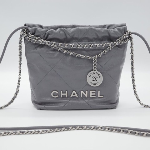 全配✨可小議❤️Chanel 香奈兒 22Bag Mini Hobo 水泥灰色 絎縫小牛皮 銀扣 肩背包