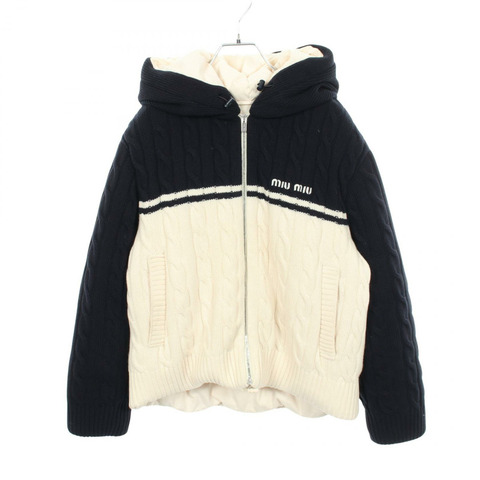 Miu Miu Logo 針織連帽拉鍊羽絨外套 #36 羊毛海軍藍白色二手女款