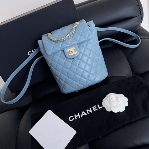 【全新品】香奈兒 Chanel 霧霾藍金扣牛皮薩爾茨堡mini手提雙肩後背包 鐳射27開全膜