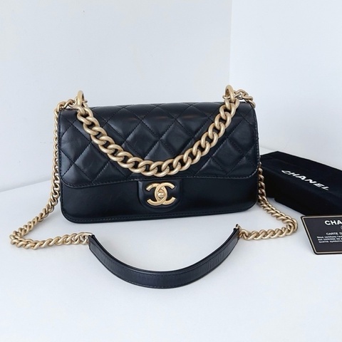 【近新閒置品】Chanel香奈兒 孟買大都會 油臘牛皮黑金手提斜挎包鏈條包 26開帶卡
