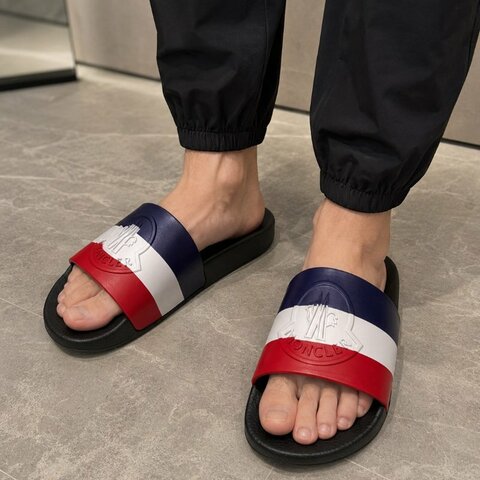 【翰貝格名牌館】Moncler Basile 經典 三色條紋 橡膠 防水 海灘 拖鞋 黑色款 43 現貨