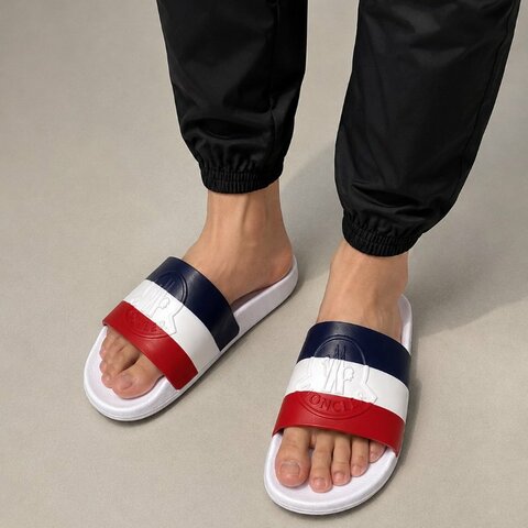 【翰貝格名牌館】Moncler Basile 經典 三色條紋 橡膠 防水 海灘 拖鞋 白色款 40 現貨 特價