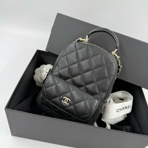 ✿ CHANEL  mini書包 ❙ 黑色金釦牛皮雙肩皮穿鍊書包