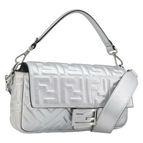 FENDI Zucca Mamma Baguette 單肩包 皮革 銀色 8BR600 正品 yk20852SAM