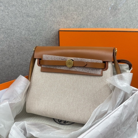 Hermes愛馬仕金棕拼帆布mini herbag G刻