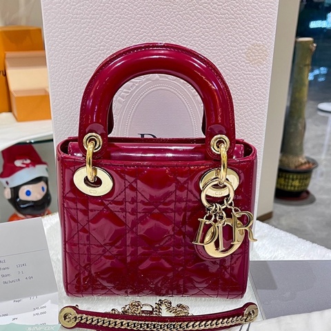 迪奧/Dior 三格漆皮藤格紋戴妃包 車釐子紅】18年編碼