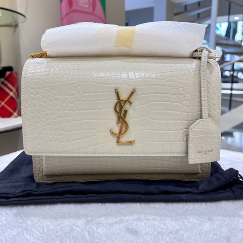 【SAINT LAURENT/聖羅蘭 YSL金標Logo鏈條 鰐魚壓紋日落包斜挎單肩包】女款 復古白