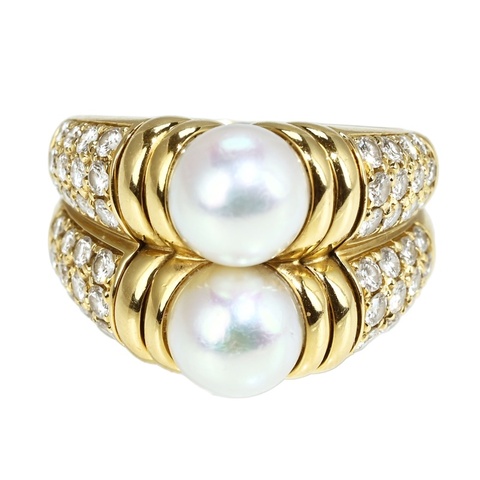 寶格麗 BVLGARI 18K金雙珍珠鑽石雙環戒指