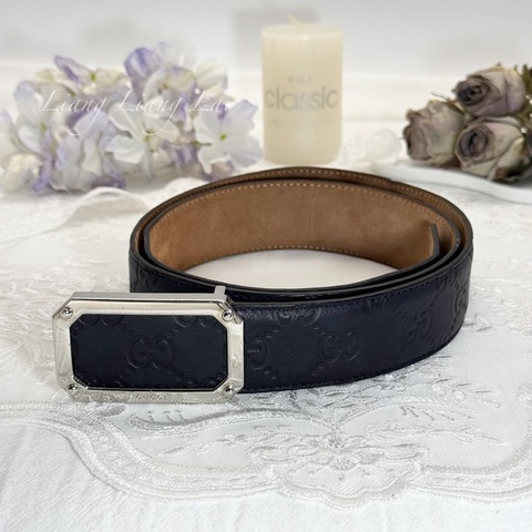 GUCCI 古馳 經典 Guccissima GG 壓紋銀扣深藍色皮帶| 腰帶
