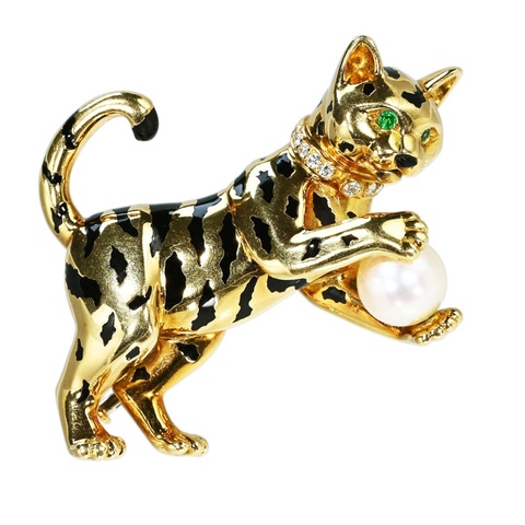 CARTIER 卡地亞 Panthère 黑琺瑯豹子珍珠鑽石胸針 18K黃金