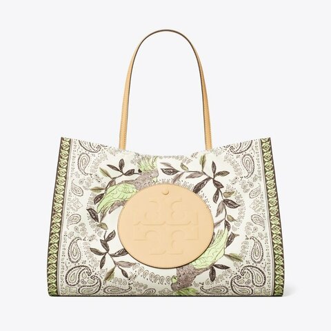 【TORY BURCH】專櫃經典款 Ella 中款復古花卉圖騰帆布手提包/托特包