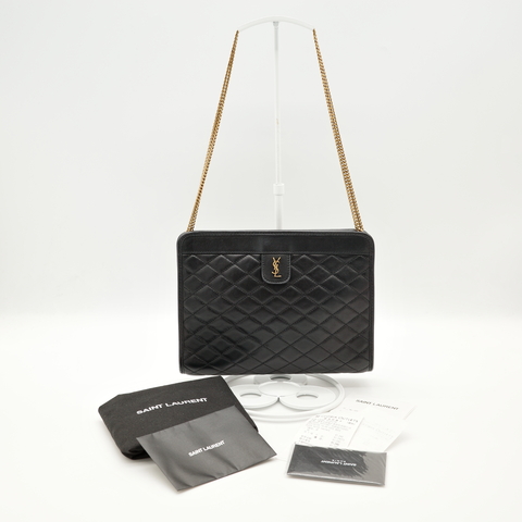 Saint Laurent YSL Victoire 黑色經典 絎縫小羊皮金釦鏈帶手拿包 斜背包