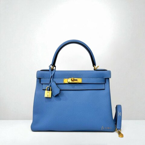 JS1590-HERMES 牛仔藍TOGO皮金釦 KELLY28手提肩背包