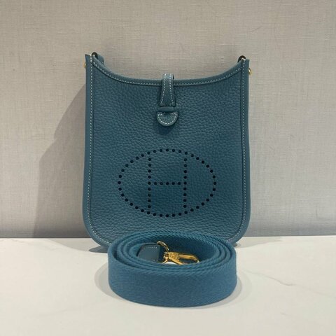 Hermes 愛馬仕 mini Evelyne 伊芙琳斜挎包 新牛仔藍 金扣
