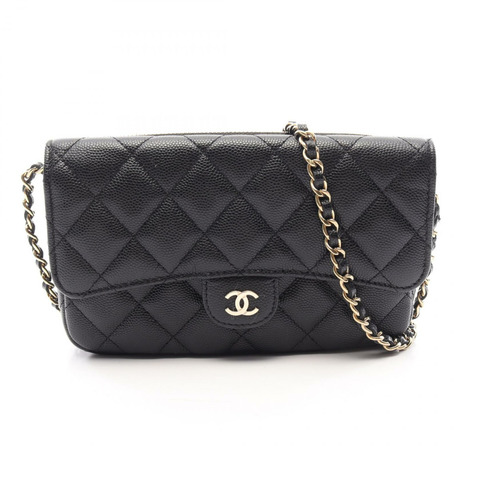 香奈兒 (CHANEL) 絎縫鏈條手機殼錢包單肩包 AP2096 粒面小牛皮 黑色 二手 女士