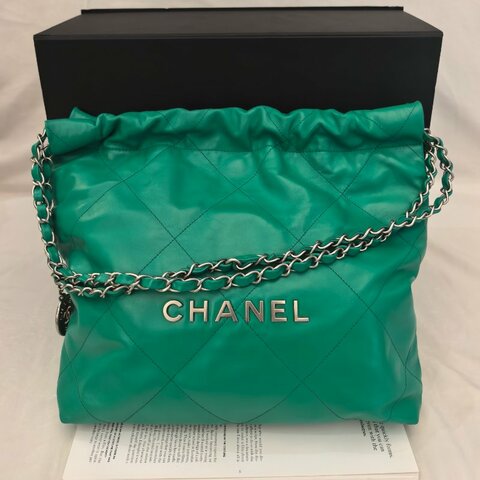 Chanel香奈兒22bag 小號垃圾袋單肩包斜挎包 綠色 金色五金 有子袋