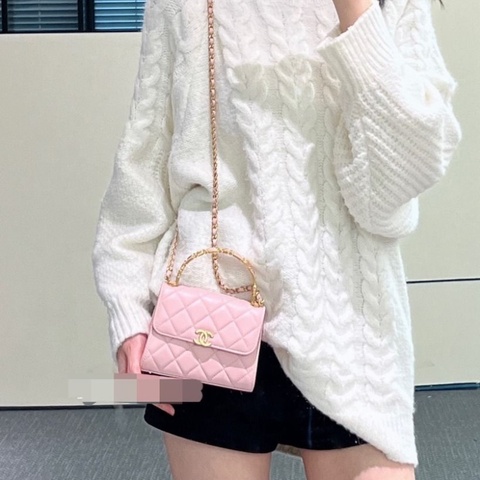 Chanel 22B粉色琺瑯手柄Kelly中號 芯片款 15.5*11.5*5.5 95新 配件塵袋