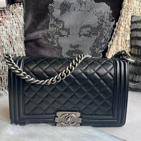 CHANEL 牛皮霧銀釦BOY鏈包 黑色