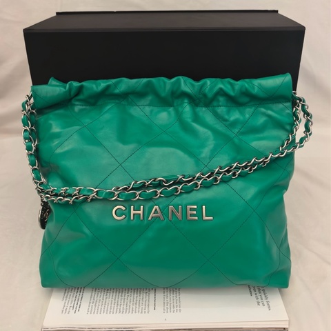 Chanel香奈兒22bag 小號垃圾袋單肩包 綠色 金色五金 有子袋