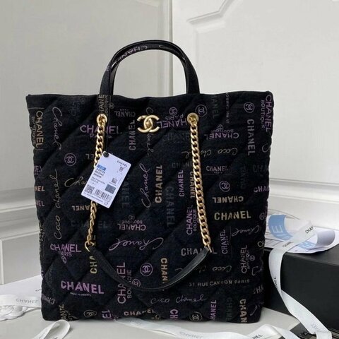 【翰貝格名牌館】全新 CHANEL 絕版 黑色 牛仔 塗鴉 字母 金鍊 托特包 購物包 AS3128 現貨LW