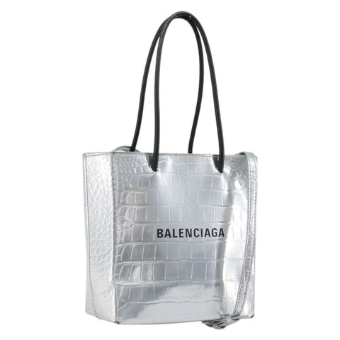 BALENCIAGA 鱷魚紋壓花購物袋 XXS 皮革 2way 銀色 597858 Auth ka6015V