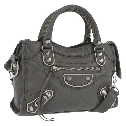 BALENCIAGA 經典金屬邊飾城市包 皮革 兩用 灰色 390160 正品 ka5998SAM