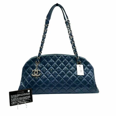 【美收精品】Chanel 藍色菱格紋油蠟皮保齡球包  C-991【隔月月中將轉賣至日本 上架期限30天】
