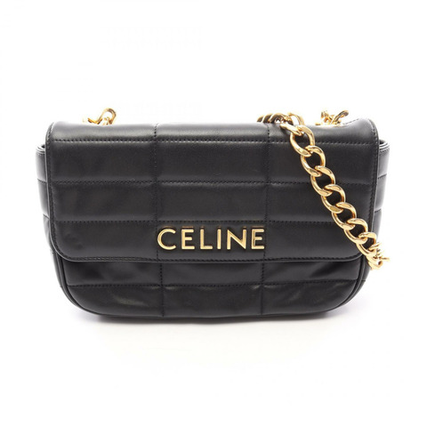 CELINE Matelasse Monochrome 鏈條單肩包，黑色皮革，金色五金，二手女款