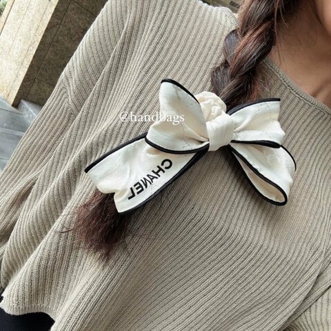 【翰貝格名牌館】全新 CHANEL 爆款 米白 滾邊 黑邊 甜美 蝴蝶結 造型 髮圈 AA8814 現貨