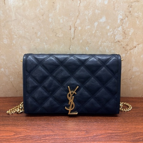 YSL/聖羅蘭 黑色金扣Becky系列 黑色小羊皮菱格紋鏈條包