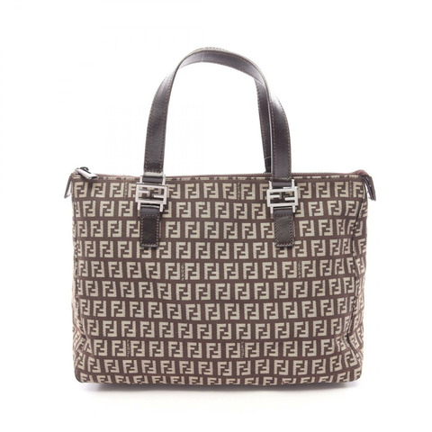 FENDI Zucchino 手提包 8BR134 帆布皮革 米色棕色 二手 女士
