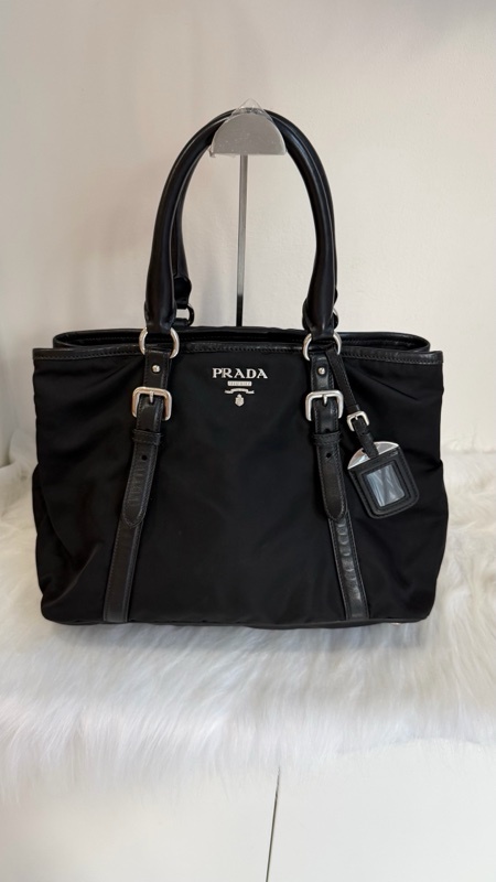99新 普拉達/Prada 經典款 托特 小tote 黑銀 尼龍托特包  手提包