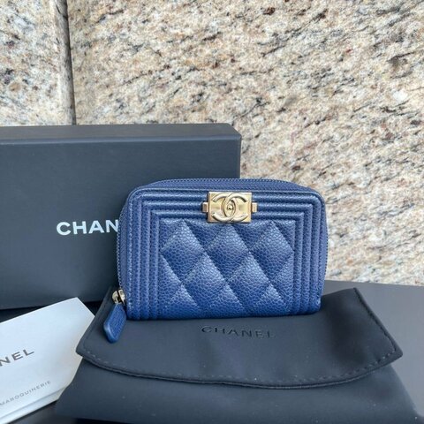【翰貝格名牌館】全新 CHANEL Boy 海軍藍 荔枝 牛皮 菱格 亮金釦 拉鍊 卡夾 零錢包 A80602 現貨