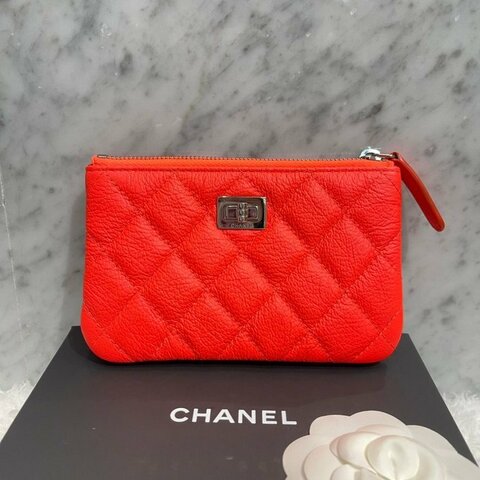【翰貝格名牌館】全新 CHANEL 2.55 螢光橘 荔枝 牛皮 銀扣 一字 拉鍊 零錢 萬用包 A82724 現貨