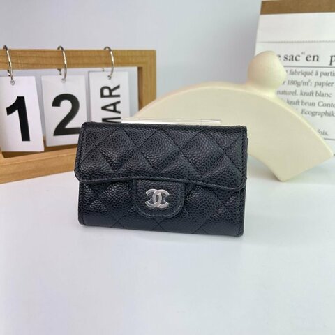 【翰貝格名牌館】全新 CHANEL 黑色 荔枝 牛皮 銀色 雙C 翻蓋 卡片夾 名片夾 零錢包  AP0214